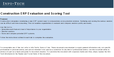The image contains a sceenshot of the Construction ERP Evaluation and Scoring Tool.